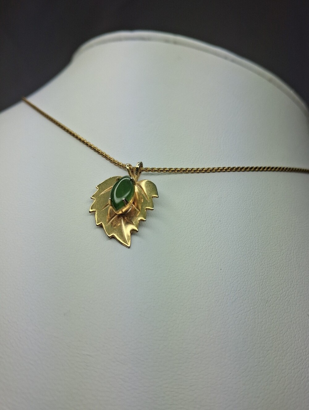 Gold Leaf Pendant Necklace with Genuine Jade Stone